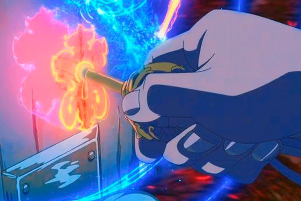 Con determinación, Suzume cierra una de las puertas mágicas en un intento de detener una catástrofe inminente, mostrando su valentía y compromiso en la película Suzume.